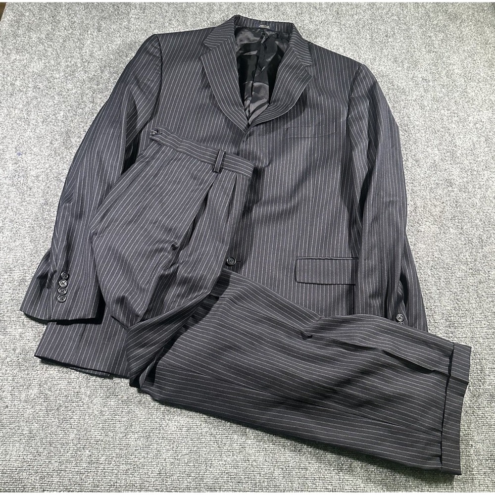 Hart Schaffer Marx Mens Wool Suit Golf Trumpeter Black Pinstripe 44L 36x30 Slack